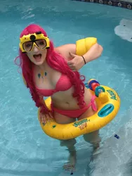 Size: 960x1280 | Tagged: artist:radicalkevin123, artist:subzerocosplay, belly button, bikini, clothes, cosplay, derpibooru import, goggles, human, inner tube, irl, irl human, photo, pinkie pie, safe, solo, swimming goggles, swimming pool, swimsuit, thumbs up, water