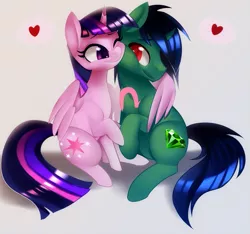 Size: 775x724 | Tagged: safe, artist:si1vr, derpibooru import, twilight sparkle, twilight sparkle (alicorn), oc, alicorn, pony, unicorn, canon x oc, female, heart, holding hooves, hug, male, mare, nuzzling, raised hoof, rubbing, shipping, sitting, smiling, straight, winghug, wink