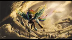 Size: 1920x1080 | Tagged: artist:col762nel, clothes, cloud, cloudy, derpibooru import, flying, jacket, lightning, rainbow dash, safe, solo, steampunk