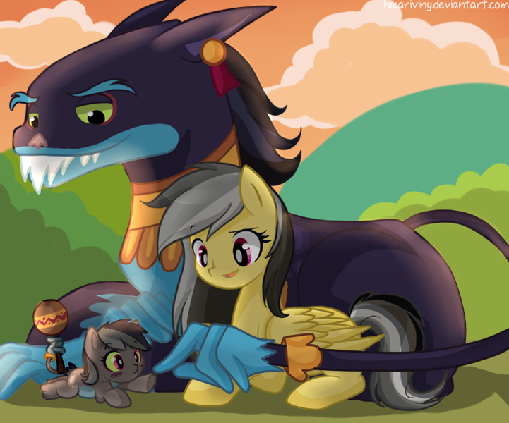 Size: 722x601 | Tagged: ahuidorable, ahuizotl, artist:hikariviny, baby, cute, daring do, daring dorable, darizotl, derpibooru import, female, foal, hybrid, interspecies offspring, male, oc, oc:yaocihuatl, offspring, parent:ahuizotl, parent:daring do, parents:darizotl, rattle, safe, shipping, straight