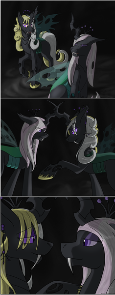 Size: 800x2044 | Tagged: artist:smilydon, changeling, changelingified, changeling oc, changeling queen, changeling queen oc, derpibooru import, female, fleur-de-lis, oc, oc:queen papillon, oc:queen vaspira, purple changeling, safe, species swap, unofficial characters only, yellow changeling