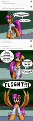 Size: 1800x6390 | Tagged: artist:grennadder, ask, clothes, derpibooru import, lab coat, safe, scientist, scientist scoots, scootaloo, solo, spread wings, tumblr