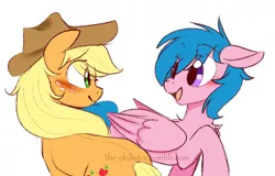 Size: 500x319 | Tagged: applefly, applejack, artist:the-chibster, blushing, female, firefly, lesbian, safe, shipping