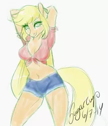 Size: 1000x1164 | Tagged: anthro, applejack, artist:sugarcup, bedroom eyes, belly button, clothes, daisy dukes, derpibooru import, front knot midriff, midriff, safe, shorts, sketch, solo