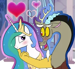 Size: 730x670 | Tagged: safe, artist:celestiathegreatest, artist:garfield141992, derpibooru import, discord, princess celestia, blushing, dislestia, female, male, shipping, straight