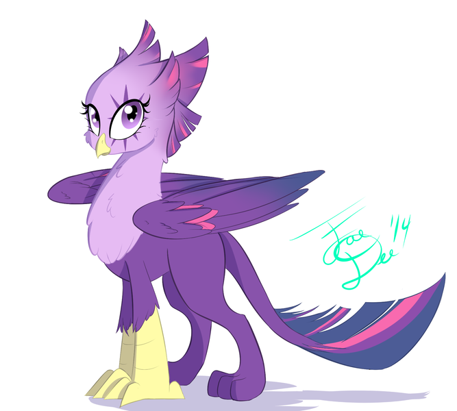 Size: 1760x1583 | Tagged: safe, artist:farewelldecency, deleted from derpibooru, derpibooru import, twilight sparkle, gryphon, fluffy, griffonized, looking at you, my little griffon, signature, simple background, smiling, solo, species swap, white background