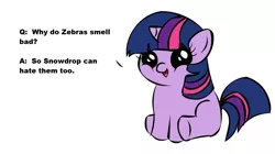 Size: 1194x668 | Tagged: safe, derpibooru import, twilight sparkle, oc, oc:snowdrop, unicorn, zebra, blind, blind joke, exploitable meme, filly twilight sparkle, filly twilight telling an offensive joke, meme, musk, obligatory pony, out of character, racism, simple background, solo, unicorn twilight, vulgar, we are going to hell, white background