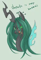 Size: 754x1106 | Tagged: safe, artist:wolhim, derpibooru import, queen chrysalis, changeling, changeling queen, crown, fangs, female, horn, jewelry, regalia, simple background, slit eyes, slit pupils, smiling, solo, text, tongue out, traditional art, wings