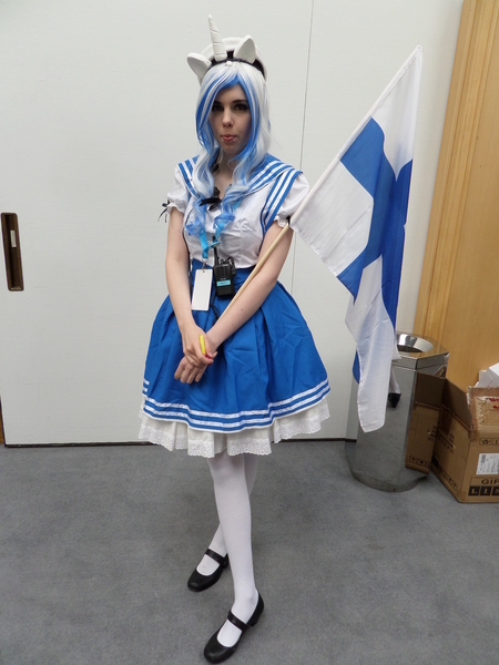 Size: 3456x4608 | Tagged: artist:juu50x, cosplay, crystal fair con, derpibooru import, finland, finlandia hall, human, irl, irl human, mascot, oc, oc:aurora, photo, pose, safe, smiling, solo