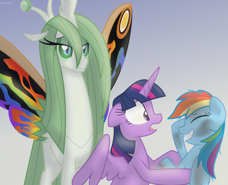 Size: 1072x871 | Tagged: safe, artist:faith-wolff, derpibooru import, rainbow dash, twilight sparkle, twilight sparkle (alicorn), ponified, alicorn, pegasus, pony, fanfic:the bridge, changelingified, colored sclera, crossover, eyes closed, fanfic art, female, godzilla (series), gradient background, green sclera, kaiju changeling, mare, mothra, sheepish grin, trio, worried