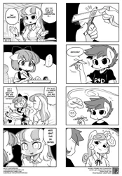 Size: 900x1290 | Tagged: 4koma, ambiguous facial structure, anthro, apple bloom, artist:shepherd0821, big macintosh, card crusher, cheerilee, cheerimac, comic, derpibooru import, female, glorious master race, male, monochrome, obsession, safe, scootaloo, scootaloo can't fly, shipping, smug, straight, sweetie belle, translation, unicorn master race, yandeerilee, yandere