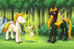 Size: 1000x666 | Tagged: albino changeling, artist:shinepawpony, changeling, derpibooru import, green changeling, oc, oc:melody swiftsong, safe, unofficial characters only, yellow changeling
