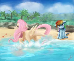 Size: 1200x1000 | Tagged: safe, artist:miokomata, derpibooru import, fluttershy, rainbow dash, :o, beach, blushing, eyes on the prize, fangs, female, floppy ears, flutterdash, head tilt, kicking, lesbian, raised hoof, raised leg, shipping, sitting, underhoof, water