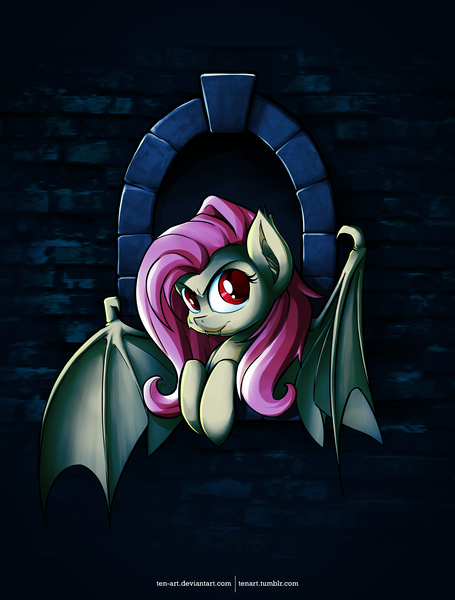 Size: 4320x5700 | Tagged: absurd resolution, artist:tenart, derpibooru import, fangs, flutterbat, fluttershy, frown, glare, leaning, looking at you, safe, solo, species swap, spread wings, window