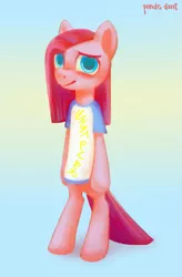 Size: 1065x1620 | Tagged: safe, artist:kaermter, derpibooru import, pinkie pie, pony, bipedal, clothes, cute, cuteamena, looking at you, pinkamena diane pie, shirt, simple background, solo