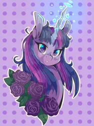 Size: 1200x1600 | Tagged: safe, artist:tomat-in-cup, derpibooru import, twilight sparkle, pony, unicorn, bust, cute, female, flower, glowing horn, heart eyes, horn, looking at you, magic, mare, polka dot background, portrait, rose, solo, twiabetes, unicorn twilight, wingding eyes