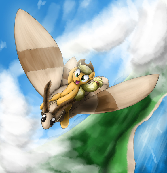 Size: 2707x2802 | Tagged: safe, artist:otakuap, derpibooru import, applejack, oc, oc:fluffy the bringer of darkness, earth pony, giant moth, insect, moth, pony, animal, female, flying, giant insect, hat, mare, open mouth, ponies riding moths, riding, smiling