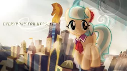 Size: 1920x1080 | Tagged: safe, artist:abion47, artist:drewdini, artist:mithandir730, derpibooru import, coco pommel, earth pony, pony, bridge, crystaller building, female, manehattan, mare, scenery, solo, vector, wallpaper