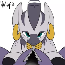 Size: 3600x3600 | Tagged: artist:vulapa, bedroom eyes, derpibooru import, looking at you, mouth hold, offscreen character, pov, smiling, source needed, suggestive, unzipping, zebra, zecora, zipper