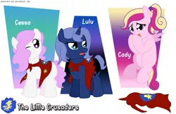 Size: 1024x663 | Tagged: safe, artist:ladyanidraws, derpibooru import, princess cadance, princess celestia, princess luna, earth pony, pony, unicorn, series:the little crusaders, age regression, blank flank, cape, cewestia, clothes, cmc cape, earth pony celestia, filly, pegasus cadance, race swap, the little crusaders, trio, unicorn luna, unicorn woona, woona