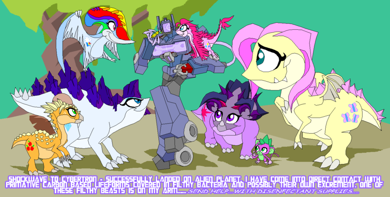 Size: 1416x717 | Tagged: appleachycephalosaurus, applejack, archaeopinkie pieryx, archaeopteryx, artist:terry, crossover, derpibooru import, dinosaur, dinosaurified, dragon, fluttersaurus rex, fluttershy, mane seven, mane six, monkey, pachycephalosaurus, pinkie pie, rainbow dactyl, rainbow dash, rarity, safe, shockwave, species swap, spike, stegosaurarity, stegosaurus, transformers, tupandactylus, twiceratops, twilight sparkle