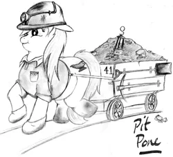 Size: 2588x2355 | Tagged: artist:pit pone, ask, chubby, clothes, coal, davy lamp, derpibooru import, fat, gravy boat, hard hat, hat, headlamp, helmet, lamp, light, minecart, miner, mining helmet, monochrome, oc, oc:pit pone, pickaxe, safe, shirt, shovel, signature, solo, tumblr, unofficial characters only