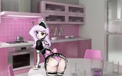 Size: 1920x1200 | Tagged: artist:johnjoseco, ass, bedroom eyes, butt, clothes, derpibooru import, edit, female, fleur-de-lis, fleur-de-rriere, french maid, heart, human, humanized, irl, kitchen, looking at you, looking back, looking back at you, maid, miss fleur is trying to seduce us, panties, photo, pink underwear, sexy, skirt, smiling, solo, solo female, stupid sexy fleur-de-lis, suggestive, teasing, thong, underwear, upskirt