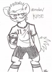 Size: 944x1311 | Tagged: safe, artist:wootmaster, deleted from derpibooru, derpibooru import, ponified, pony, semi-anthro, bipedal, germany, miroslav klose, monochrome, solo, world cup, world cup 2014