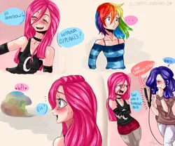 Size: 2000x1666 | Tagged: artist:zorbitas, blushing, choker, clothes, comic, cute, cuteamena, engrish, evening gloves, fanfic:cupcakes, fishnets, goth, gothic pinkie, hair straightener, human, humanized, makeover, off shoulder, pinkamena diane pie, pinkie pie, prank, rainbow dash, rarity, reference, rejection, safe, smiling, smirk