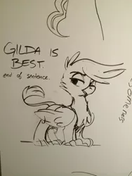 Size: 768x1024 | Tagged: safe, artist:mittymandi, derpibooru import, gilda, gryphon, best pony, convention, everfree northwest, irl, monochrome, solo, traditional art, whiteboard