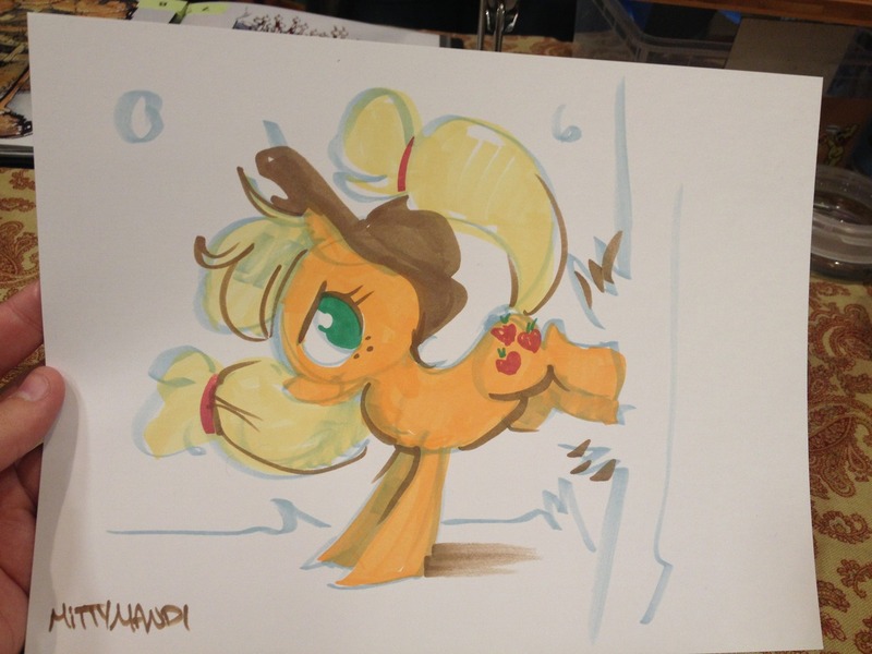 Size: 1280x960 | Tagged: applebucking, applejack, artist:mittymandi, convention, convention:eqla, derpibooru import, eqla, equestria la, irl, partial color, safe, solo, traditional art