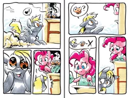 Size: 1000x763 | Tagged: safe, artist:mittymandi, derpibooru import, derpy hooves, pinkie pie, pegasus, pony, comic:derpyquest, 24-hour comic day, comic, eyes on the prize, female, food, mare, mittens, muffin, pictogram, sad, traditional art, window