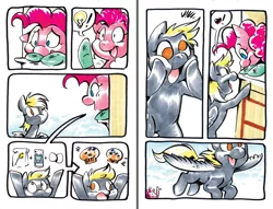 Size: 1000x763 | Tagged: safe, artist:mittymandi, derpibooru import, derpy hooves, pinkie pie, pegasus, pony, comic:derpyquest, 24-hour comic day, comic, equation, female, food, mare, mittens, muffin, pictogram, recipe, speech bubble, traditional art, window