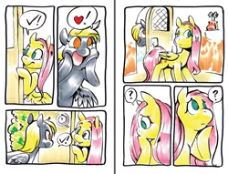 Size: 1000x763 | Tagged: safe, artist:mittymandi, derpibooru import, derpy hooves, fluttershy, pegasus, pony, comic:derpyquest, 24-hour comic day, comic, door, female, mare, muffin, pictogram, speech bubble, traditional art