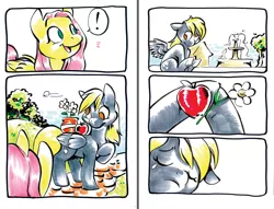Size: 1000x763 | Tagged: safe, artist:mittymandi, derpibooru import, derpy hooves, fluttershy, pegasus, pony, comic:derpyquest, 24-hour comic day, apple, comic, crying, female, flower, fountain, mare, pictogram, pun, sad, traditional art, visual pun