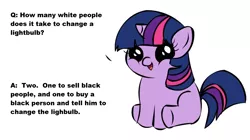 Size: 1194x668 | Tagged: safe, deleted from derpibooru, derpibooru import, twilight sparkle, unicorn, exploitable meme, filly, filly twilight sparkle, filly twilight telling an offensive joke, meme, obligatory pony, out of character, racism, simple background, solo, unicorn twilight, vulgar, white background