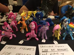 Size: 1024x768 | Tagged: safe, artist:clawed-nyasu, derpibooru import, applejack, derpy hooves, pinkie pie, princess luna, rainbow dash, twilight sparkle, vinyl scratch, pony, 2014, 3d print, bipedal, convention, custom, everfree northwest, insanity, irl, stall, vendor, wip