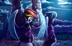 Size: 900x571 | Tagged: safe, artist:tsitra360, derpibooru import, nightshade, rainbow dash, pegasus, pony, bad end, clothes, costume, duo, female, goggles, mare, night, shadowbolt dash, shadowbolts, shadowbolts costume, sitting, spread wings
