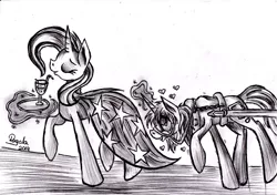 Size: 2479x1745 | Tagged: artist:julunis14, derpibooru import, heart, magic, monochrome, oc, safe, slave, traditional art, trixie