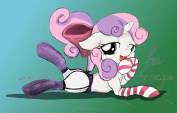 Size: 1118x715 | Tagged: artist:darkponyfantasies, artist:lord waite, bow, clothes, derpibooru import, fanart, female, fishnets, foalcon, garter belt, hooves, lingerie, panties, socks, solo, solo female, striped socks, suggestive, sweetie belle, tail wrap, underwear