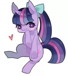 Size: 600x671 | Tagged: safe, artist:kura, derpibooru import, twilight sparkle, pony, unicorn, bow, female, heart, mare, pixiv, ponytail, solo