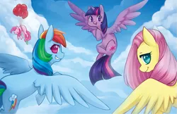 Size: 765x495 | Tagged: safe, artist:mousu, derpibooru import, fluttershy, gummy, pinkie pie, rainbow dash, twilight sparkle, twilight sparkle (alicorn), alicorn, pony, balloon, cloud, cloudy, female, floating, flying, looking at you, looking back, mare, plot, sky, then watch her balloons lift her up to the sky