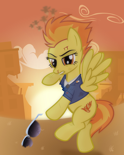 Size: 4000x5000 | Tagged: safe, alternate version, artist:darthlena, artist:darthzew, derpibooru import, spitfire, pegasus, pony, bipedal, blood, clothes, desert, female, fight, glasses, image, injured, jpeg, solo, sunglasses, uniform, wonderbolts uniform