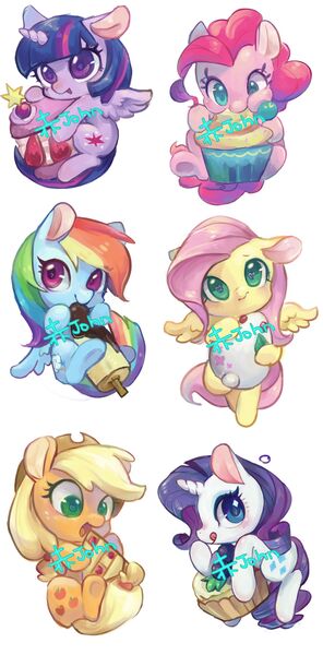 Size: 2037x4125 | Tagged: safe, artist:akamei, derpibooru import, applejack, fluttershy, pinkie pie, rainbow dash, rarity, twilight sparkle, twilight sparkle (alicorn), alicorn, pony, :t, apple pie, banana, blueberry, blushing, chibi, chocolate banana, cupcake, cute, cutie mark eyes, dashabetes, diapinkes, eating, female, food, hoof hold, hug, jackabetes, licking, licking lips, looking at you, mane six, mare, mochi, nom, open mouth, pixiv, puffy cheeks, raribetes, shyabetes, simple background, smiling, snow bunny, starry eyes, tongue out, twiabetes, weapons-grade cute, white background, wide eyes, wingding eyes