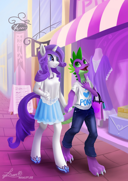 Size: 2480x3508 | Tagged: safe, artist:seer45, derpibooru import, rarity, spike, anthro, bags, date, female, male, older, shipping, sparity, straight, teenage spike