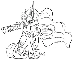 Size: 599x487 | Tagged: artist:mysticolt, bed mane, cereal, derpibooru import, eating, lineart, majestic as fuck, monochrome, morning ponies, princess celestia, safe, solo