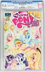 Size: 456x720 | Tagged: safe, artist:sararichard, derpibooru import, idw, angel bunny, applejack, fluttershy, pinkie pie, rainbow dash, rarity, twilight sparkle, balloon, cover, mane six