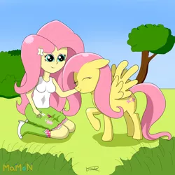 Size: 3072x3072 | Tagged: safe, artist:mamon10, banned from derpibooru, deleted from derpibooru, derpibooru import, fluttershy, equestria girls, derpibooru dnp artist, human ponidox, image, jpeg, petting, square crossover