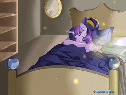 Size: 1000x750 | Tagged: safe, artist:the0ne-u-lost, derpibooru import, twilight sparkle, twilight sparkle (alicorn), oc, oc:zephyr, alicorn, pony, bed, canon x oc, cuddling, female, hug, mare, morning, snuggling, solo, twiphyr