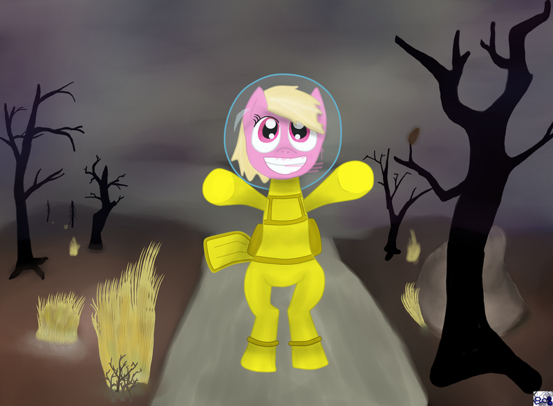 Size: 800x587 | Tagged: safe, artist:restartbob, deleted from derpibooru, derpibooru import, oc, oc:puppysmiles, unofficial characters only, earth pony, pony, fallout equestria, fanfic, bipedal, dead tree, fanfic art, female, filly, hazmat suit, hooves, looking at you, rock, smiling, solo, teeth, tree, wasteland